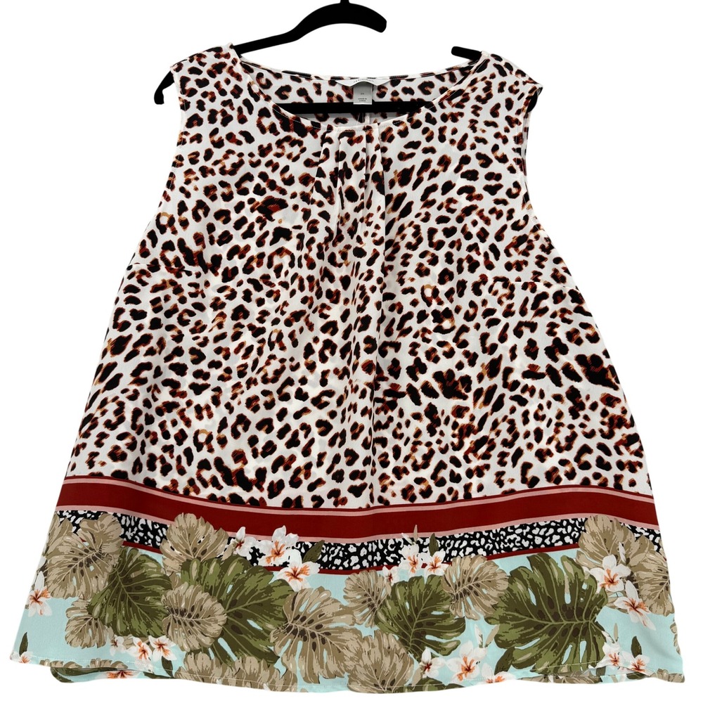 CJ Banks Womens 2X Leopard Tropical Floral Sleeveless Blouse Pleated Neck NWT - Picture 1 of 7